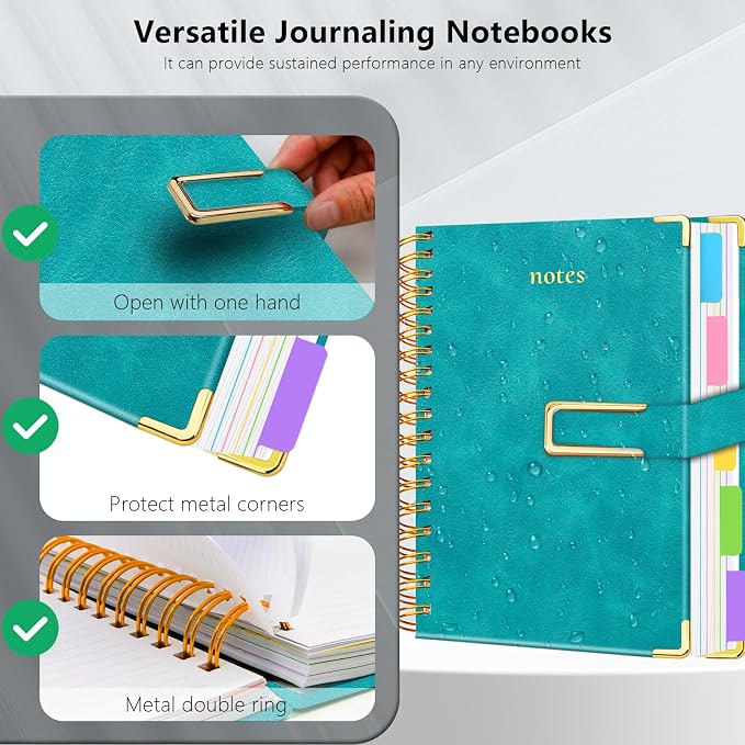 Hardcover Spiral Notebook College Ruled, 6.2"x 8.2" Leather Journal Notebook with Magnetic Closure, 300 Pages 5 Subject Notebook with Dividers Tabs Journal for Women Men, Work, School(Deep Blue)
