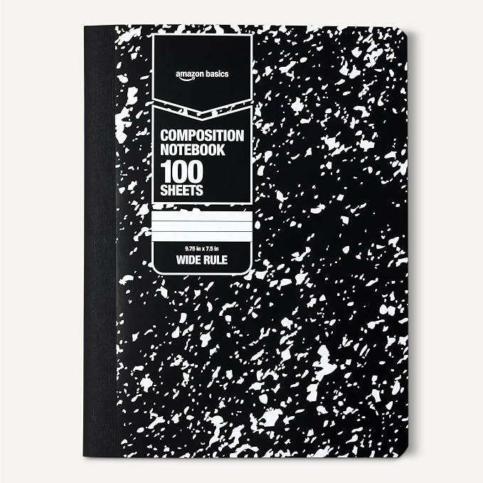 Amazon Basics Composition Notebook, Wide Ruled, 100 Sheets, 1 pack, Marble Black, 9.75" x 7.5" for School, Home, and Office Use