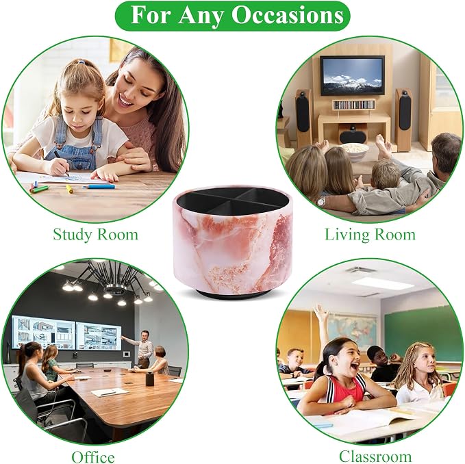 Round Leather Art Supply Organizer,Remote Control Holder,360-degree Rotating Pen Organizer with 4 Compartments(1-Marble Pink)