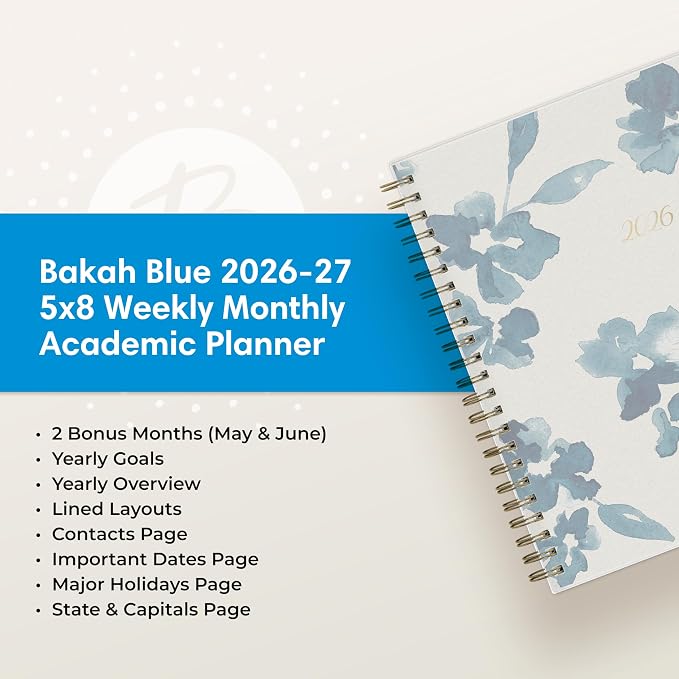 Blue Sky 2026-2027 Weekly & Monthly Academic Planner, 5"x8", Bakah Blue | July 2026 - June 2027, Flexible Cover, Wirebound, Laminated Tabs, Academic Year