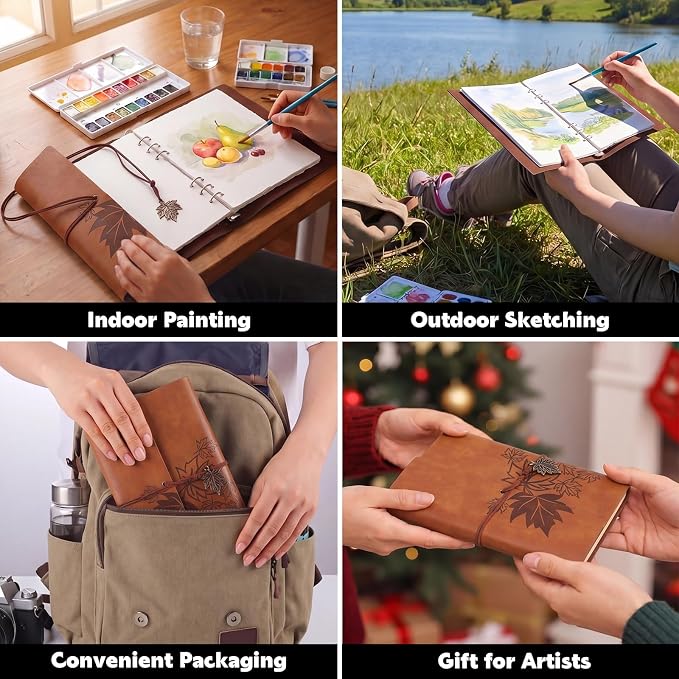Watercolor Journal, 24 Sheets, 5.5 x 8.1 in, Khaki Leather Cover | Cold Press Deckle Edge Paper, Ring Binder, Mixed Media Sketchbook, Portable for Travel and Class