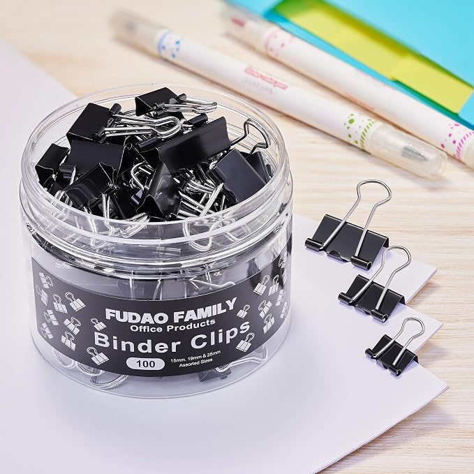 100pcs Binder Clips Assorted Sizes, Black Paper Clamps, Medium, Small, Mini 3 Sizes with Box for Office, School and Home (Pack of 2)