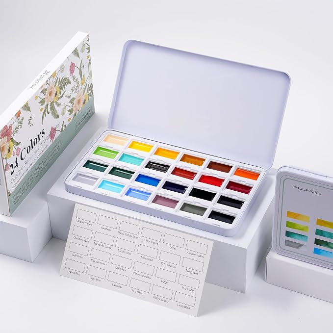 Fuumuui 24-Color Opaque Semi-Solid Watercolor Paint Set - Timeless Tones Professional Art Supplies with Strong Pigments & Coverage, for Artists Beginner Painters Amateur Hobbyists Painting