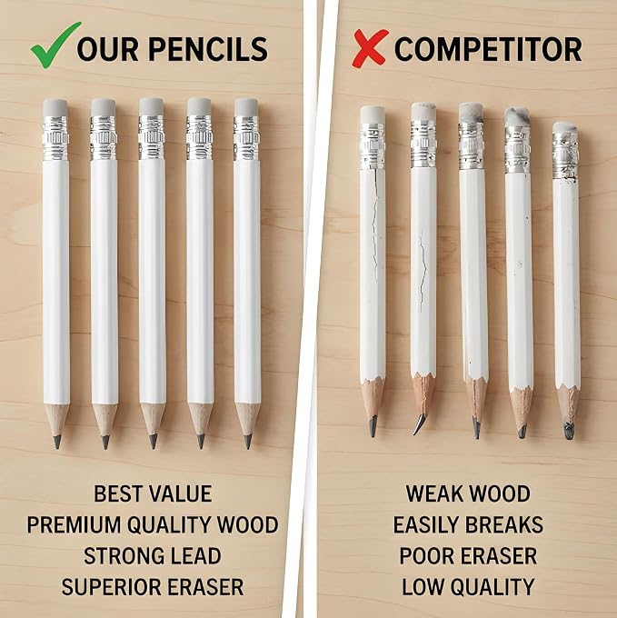TH Golf 100pcs Golf Pencils, 4 Inch Mini Half Pencils with Eraser Sharpened Wood Mini Round for Schools Wedding Toddlers Home Corporate Multiple Colours (White)