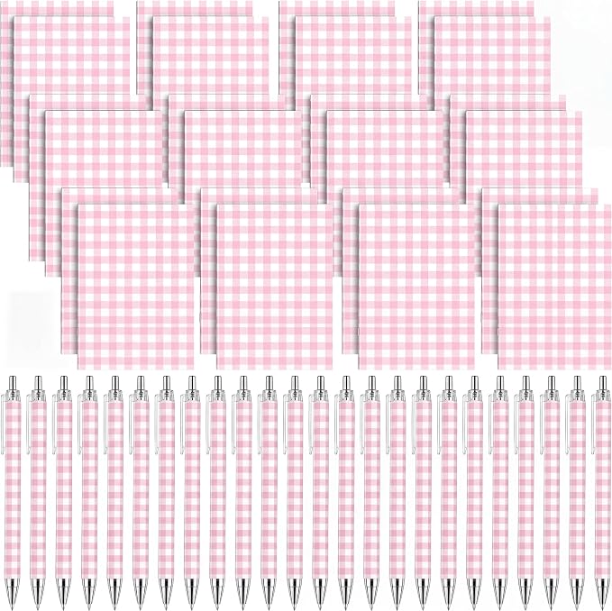 Engrowtic 24 Set Pink and White Checkered Pocket Notebooks with Ballpoint Pens Bulk Pink Gingham Mini Notepads Gel Pens Small Journals for Wedding Parties, School, Office, Travel Gift
