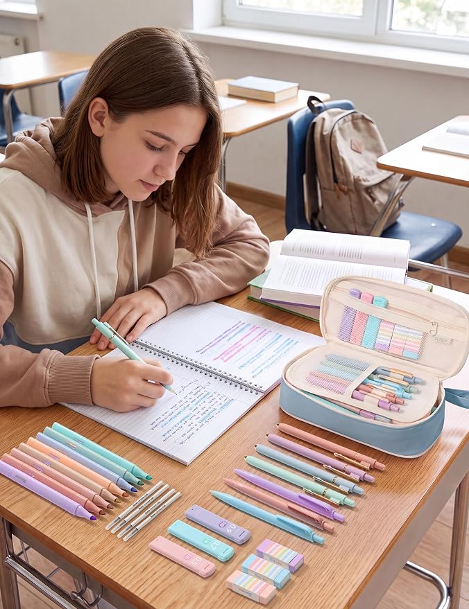 SUNEE 35PCS Aesthetic Stationery Set with Cute Pencil Case, Pastel Highlighters, Black Gel Pens, Mechanical Pencils & Refills, College School Supplies for Students Girls Blue