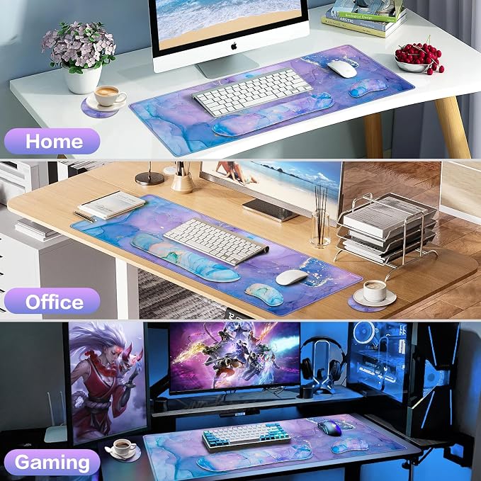 4-in-1 Mouse Pad with Wrist Rest Set Purple,35.4×15.7in Large Gaming Mouse Pad+Keyboard Wrist Rest+Wrist Mousepad+Cup Pad,Ergonomic Mouse Pads,Anti-Slip,Waterproof Keyboard Pad for Home Office