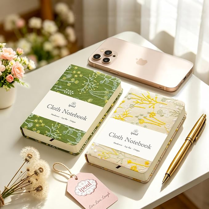 Pocket Notebook, A6 Journal, Small Embroidered Journal, Cute Fabric Notebook, Lay Flat Hardcover Journal, 4x6 Lined Notebook & Sketchbook, Personal Writing Journal for Women, Green Dandelion