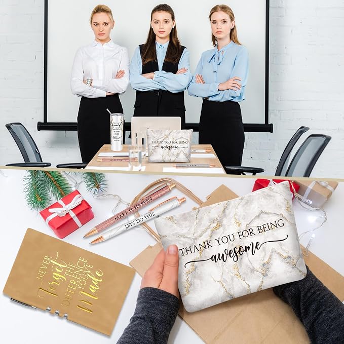 Domensi 6 Pcs Employee Appreciation Gift Set for Women Female Thank You Gift May You Be Proud 20 oz Rustic Marble Sign Tumbler Makeup Bag Journal for Boss Teacher Work Business(White)