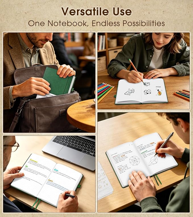 Dotted Journal Notebook, A5 Leather Hardcover, 160 Pages, 180° Lay-Flat Binding, 100 GSM Thick Paper, Dot Grid for Bullet Journaling, Planning & Daily Organization (Green)