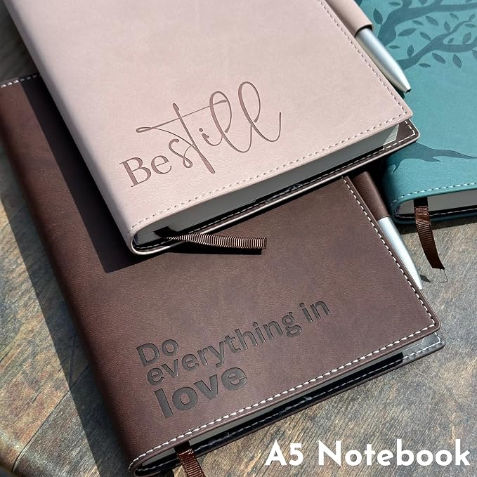 SETTINI® Refillable Vegan Leather Journal with Pen, Be Still Pink | refillable insert system, luxury pen, 192 pages, vegan leather, A5, lined refill, faith gift