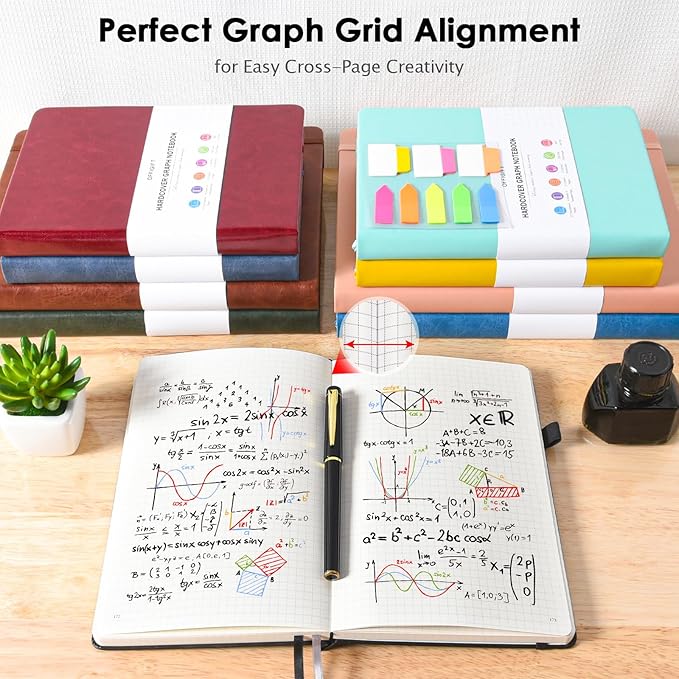 5 Pack Graph Paper Notebook Bulk, A5, 312 Numbered Pages Grid Journal Set | Cost-Effective 5 Pack 1600 Pages, 100gsm No Bleed Paper, Leather Hardcover, Lay-Flat, for Math, Engineering, Technical Notes