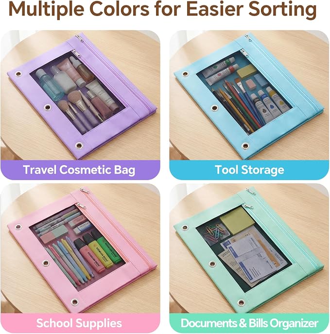 Lanpn 72 Pcs Pencil Pouch for 3 Ring Binder, 2 Pocket Zipper Binder Pouch Bulk, Pastel Binders Pencil Case, School Supplies for Boy Girl Student, Reinforced Grommets, Clear Window, Micro Mesh