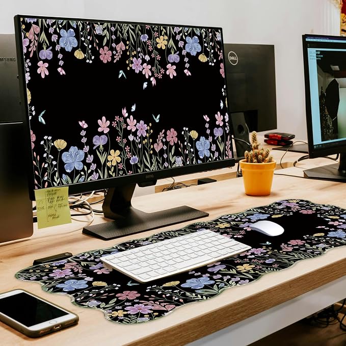 L-SPOUTTO Floral Mouse Pad,Botanical Desk Mat XXL Large Scalloped Black Gaming Mousepad,35.4x15.7in Non-Slip Rubber Base Keyboard Pad Waterproof Desktop Mat for Laptop Computer Game Home Office-Flower