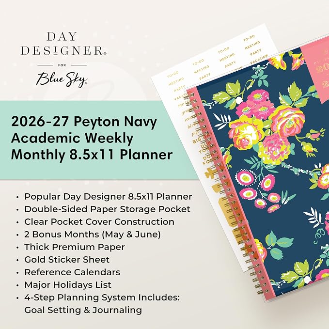 Blue Sky 2026-2027 Weekly & Monthly Academic Planner, 8.5"x11", Peyton Navy | July 2026 - June 2027, Clear Pocket Cover, Laminated Tabs, Storage Pocket, Stickers, Academic Year, Day Designer