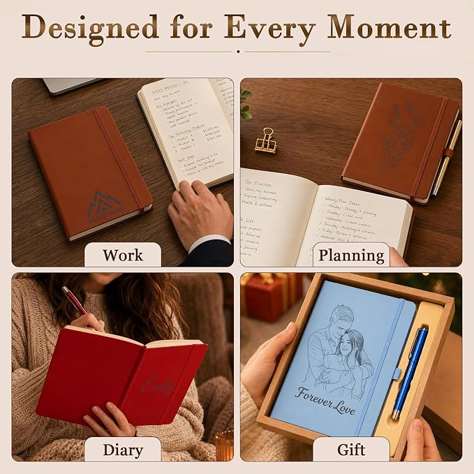 Personalized Notebook and Pen Set | A5, 200 Pages, Lined, Custom Engraved, Leather Journal Diary Business Gifts