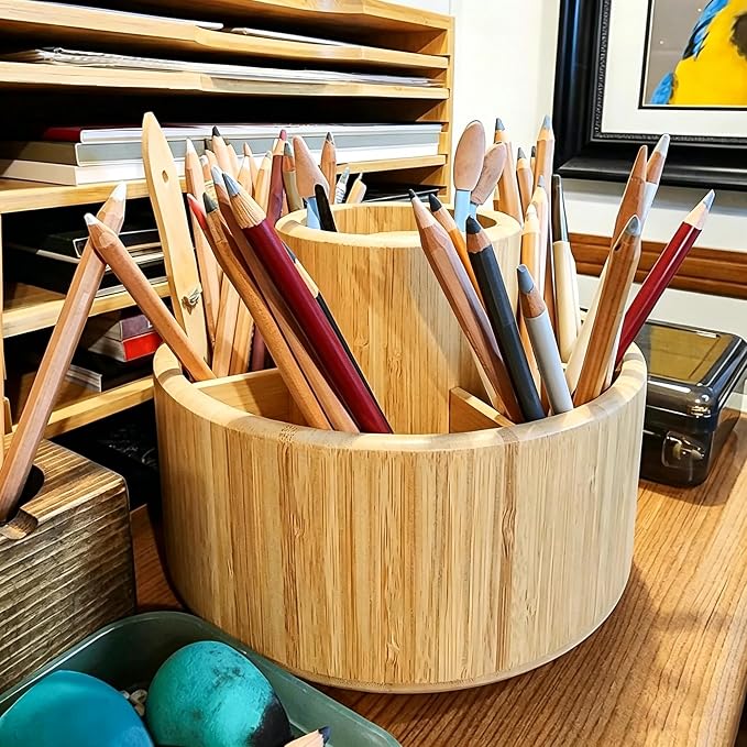 VaeFae Bamboo Pen Holder Organizer, 360° Rotating Art Supply Organizer, Desktop Storage for Marker Pens, Colored Pencil, Art Brushes, etc.