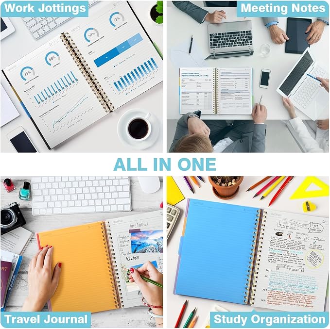 Spiral Notebook 8.5" x 11", 5 Subject Notebooks College Ruled with Dividers | 300 Pages 100GSM Thick Spiral Writing Journal for Women & Men, Large A4 Lined Journal Notebooks for Work, School Supplies