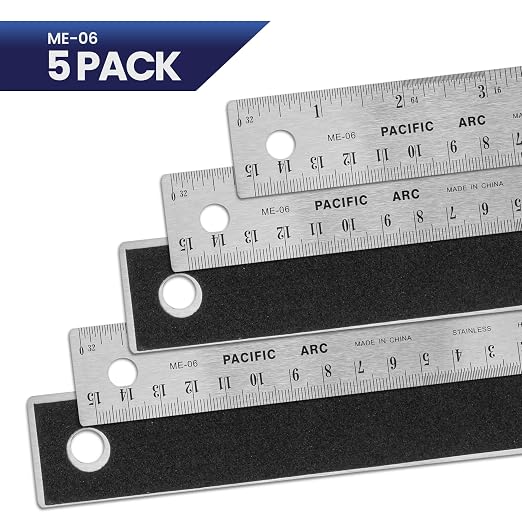 5 Pack | Stainless Steel 6 Inch Metal Ruler Non-Slip Rubber Back, with Inch and Metric Graduations