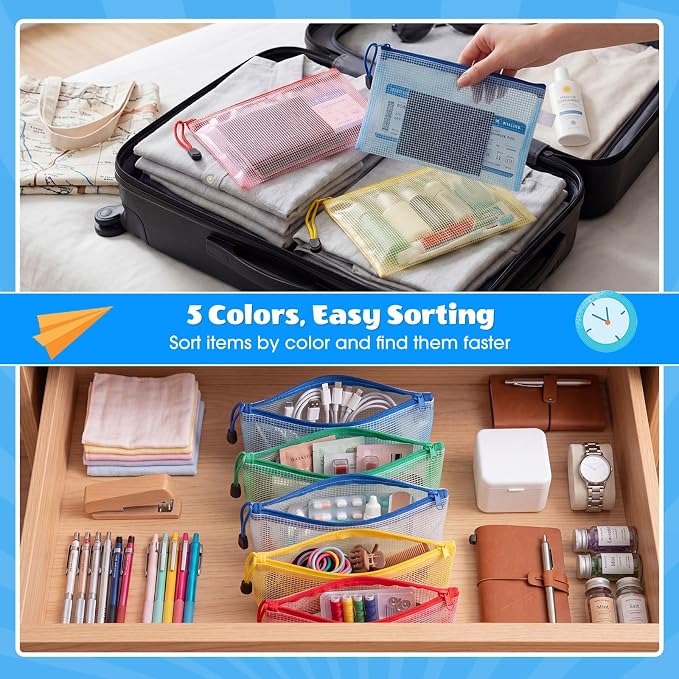Handepo 100 Pack Mesh Zipper Pouch Pencil Pouches Bulk Storage Bag Small Clear Waterproof Purse Bag Multipurpose for Cash Board Game Passport Office (Multicolor Pouch Multicolor Zipper,A5)