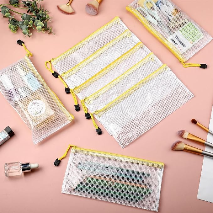 Handepo 100 Pack Mesh Zipper Pouch Pencil Pouches Bulk Clear Storage Bag Small Waterproof Purse Bag Multipurpose for Cash Board Game Passport Office(A6/9.45x4.53in,White Pouch Yellow Zipper)
