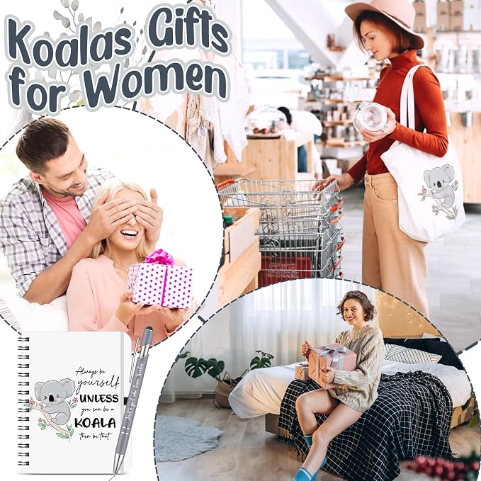 Kinlop 5 Pcs Koala Lover Gifts for Women Include Just a Girl Who Loves Koalas Tote Bag Canvas Cosmetic Bag Coil Notebook Keychain and Ballpoint Pen for Women Girls