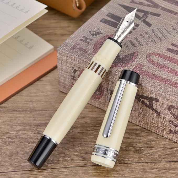 Wikult Yongsheng Junlai 930 Acrylic Fountain Pen, Size 9 Broad Nib with Piston Filling System, Ivory White Fence Ink Tank with Flat Top Design Smooth Writing Pen (Silver Trim)