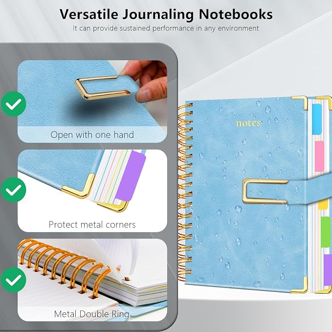 Hardcover Spiral Notebook College Ruled, 8"x10" Leather Journal Notebook with Magnetic Closure, 300 Pages 5 Subject Notebook with Dividers Tabs Journal for Women Men, Work, School(Light Blue)