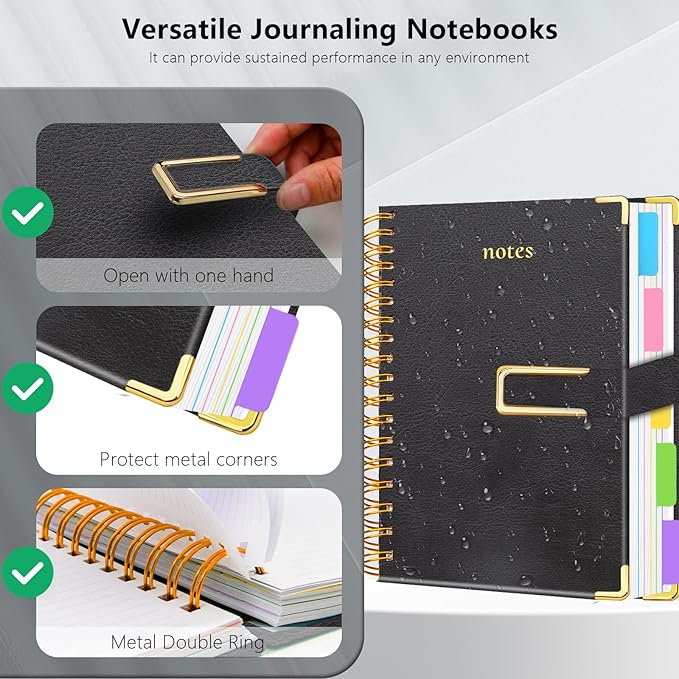 Hardcover Spiral Notebook College Ruled, 8.5"x11" Leather Journal Notebook with Magnetic Closure, 300 Pages 5 Subject Notebook with Dividers Tabs Journal for Women Men, Work, School