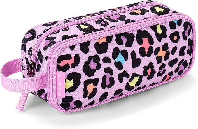 Choco Mocha Girls Pencil Case for Kids, Soft Large Zipper Pencil Pouch for Kids with 2 Compartments Girls Pencil Case for School Leopard Pencil Bag, Cheetah Pink