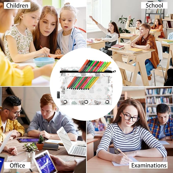 Gredecor Binder Pencil Pouch 3 Ring Koala Rainbow Floral Zipper Pencil Pouches Case 2 Pack Clear Binder Organizer for School Office