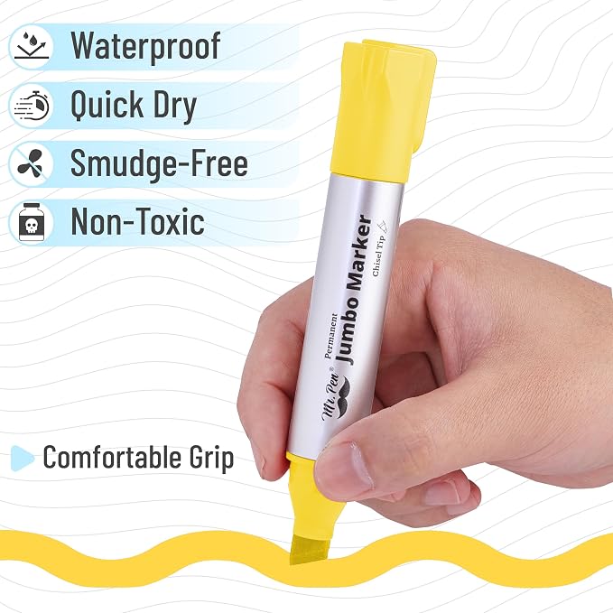 Mr. Pen- Jumbo Permanent Markers, 4 Pack, Yellow, Chisel Tip, Wide Tip | Large, Thick Permanent Markers for Canvas, Posters Board, Fabric, Window, Glass, Wood, Waterproof, Quick Dry