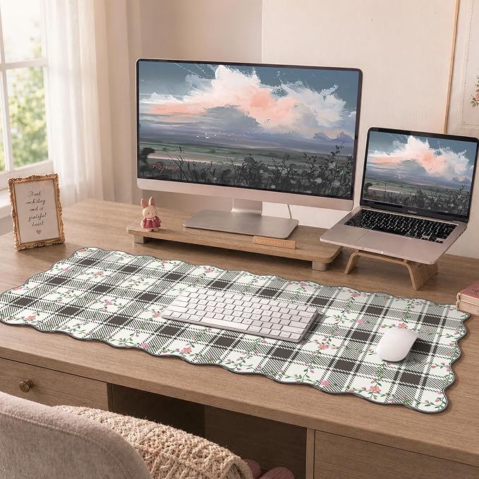 iCasso Retro Flowers Mouse Pad, XXL Large Leather Mouse Pad,Back to School Desk Matt for Desktop Protector, Anti-Slip Mousepad with Scalloped Stitched Edges for Laptop Computer Keyboard(Black)