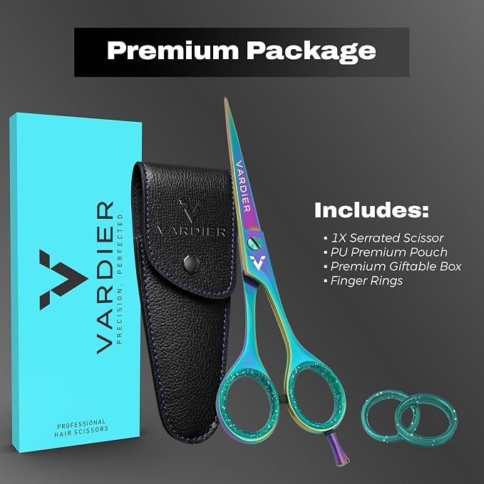 6.5” Hair Cutting Scissors – Professional Stainless Steel Barber Shears with Micro-Serrated Blades, No-Slip Precision Cut – Gift-Boxed with Leather Pouch for Salon & Home (Rainbow)