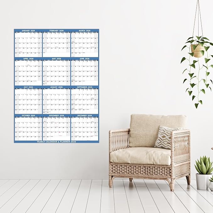 2026 Dry Erase Calendar – Large Yearly Wall calendar 2026, 33.7'' x 45.1'', 2-Side Reversible Calendar 2026, Vertical/Horizontal, Jan 2026 – Dec 2026, 2026 Wall Calendar with Notes, Stickers - Light Blue