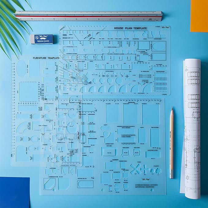 Mr. Pen- House Plan, 3 pcs, Interior Design and Furniture Templates | Clear Flexible Plastic, Drafting Tools, Ruler Shapes for Architecture, 1/4 Inch Scale, Kitchen, Bath, Bedroom, Office