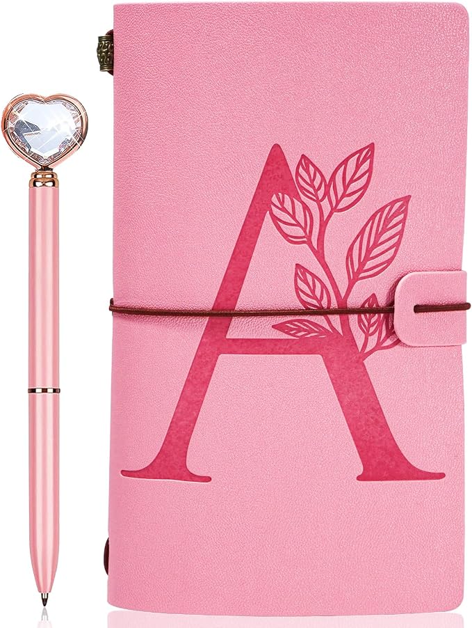 Personalized Journal Gift-Pink Initial Leather Journal+Heart Diamond Pen Set,Travel Notebook Diary Gifts,Refillable Notepads,Christmas,Birthday Gifts for Women Girls (7.9"x4.7") (A)