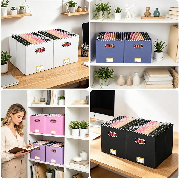 BALEINE File Organizer Box, Cardboard File Folder Organizer with Handle for Letter Size, Portable Collapsible Hanging Filing Box for Home Office Document Storage (4 Pack, Large White)