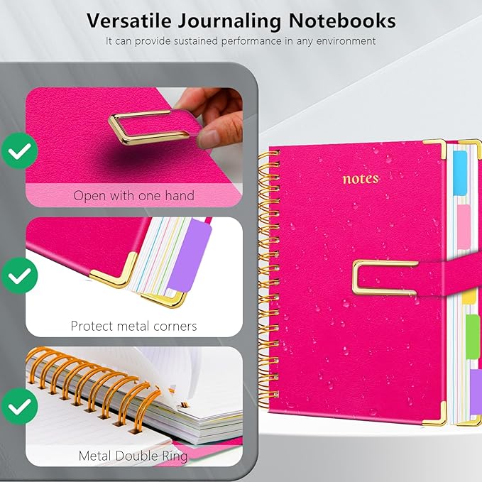 Hardcover Spiral Notebook College Ruled, 8.5"x11" Leather Journal Notebook with Magnetic Closure, 300 Pages 5 Subject Notebook with Dividers Tabs Journal for Women Men, Work, School(Rose Red)