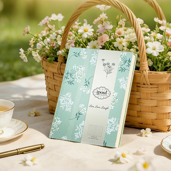 Floral Hardcover Notebook, Flower Journal for women, A5, 200 Pages, 6x8 Medium Lined Notebook, Floret Printed Fabric Cloth, Similar Embroidered Linen, Garden Journal, Green.