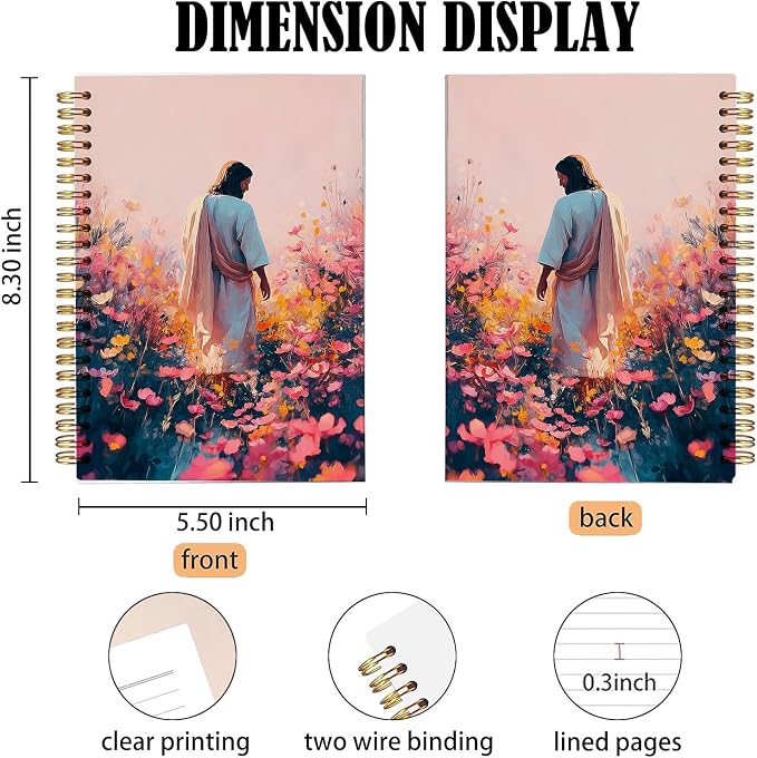 bitCNY Inspirational Jesus Notebook 8.3x5.5 Inch – Jesus in Flower Garden Spiral Journal, Pastel Christian Notebook with Lined Pages for Prayer & Study