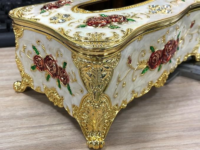 Luxurious Rose Tissue Box with Imitation Diamonds,Gold-White-red | Embossed Flowers,9.45"x5.43"x3.94",Elegant Tissue Paper Holders,for Home Toilet Bath Hotel