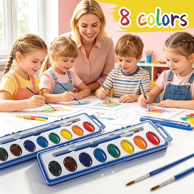 24 Pack Water Colors Paint Set for Kids, Washable Non-Toxic Watercolor Paints with Brushes – Water Color Set for Classroom, Parties & Art Activities