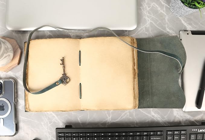 Leather Journal with Deckle Edge Paper 8x6 inch and Vintage Key | Handmade Writing Notebook Diary | Bound Daily Notepad for Men & Women Medium, Sketch/Writing pad for Artists