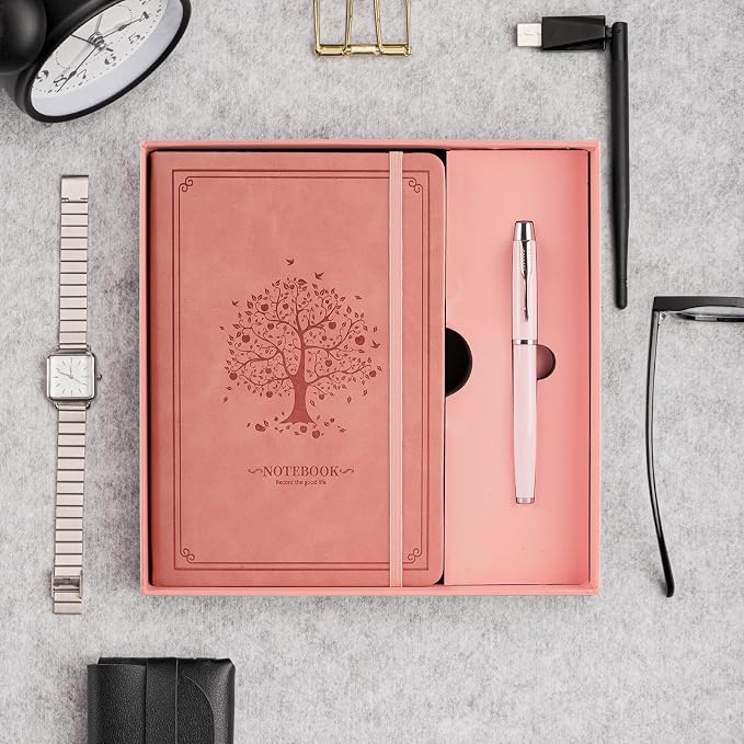 OnMove Lined Notebook with Gift Box for Women Men 320 Pages A5 Hardcover Leather with Pen Holder College Ruled Journals for Work Note Taking Travel School Pink