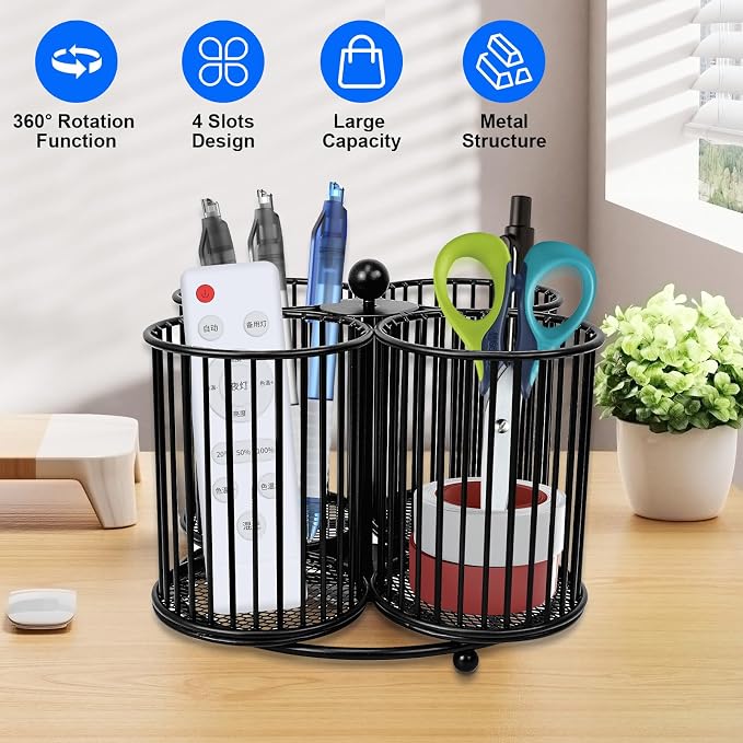 360 Rotating Pen Holder - Large Pencil and Marker Organizer with 4 Slots - Desk Caddy Accessories for School, Office, Home (Black)