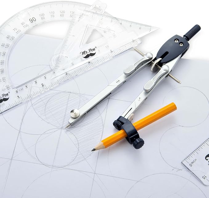 Mr. Pen- Professional Metal Compass Set, 7 pcs | Precision Drafting Compass with Extension Leg, Pencil Holder, Extra Lead & Needles, Geometry Tool for Drawing Circles, Math