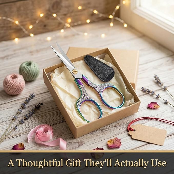 Rainbow Iridescent Scissors for Lace Wigs, 5 Inch Vintage Sharp Embroidery Snips for Needlepoint, Beautiful Metal Sewing Scissors for Fabric & Crafts, Ornate Pattern Scissors with Leather Sheath
