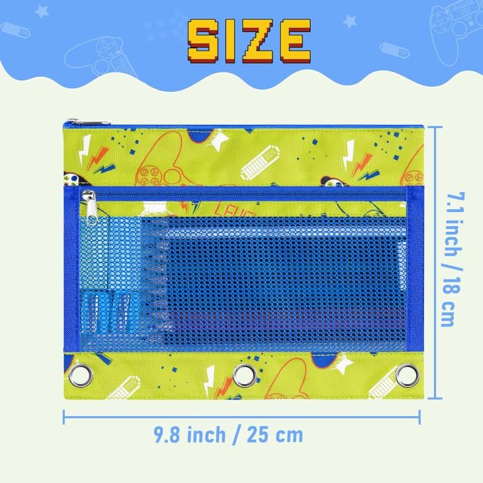 WAWSAM Game Pencil Pouch for 3 Ring Binder, Zipper Pencil Pouch for Boys | 2 Pocket Clear Window Pencil Case, 3 Ring Pencil Pouch for School Supplies, Pencil Bags for Office College