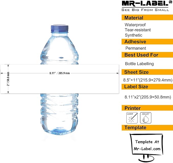 Mr-Label 8.11"×2" Waterproof Matte White Water Bottle Labels – for Inkjet/Laser Printer – Self-Adhesive Wraparound - for Wedding|Baby Shower|Corporate Event (50 Sheets Total 250 Labels)